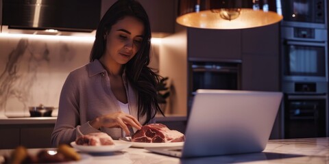 Fototapeta premium Protein-Powered Productivity: Serene And Composed, A Young Woman Works On Her Laptop Amidst The Aroma Of Cooked Meat, Reflecting Her Dedication To A High-Protein Lifestyle