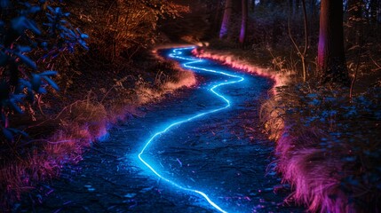 A blue and purple trail of light is running through a forest. The trail is illuminated and creates a sense of wonder and mystery. The image evokes a feeling of adventure and exploration