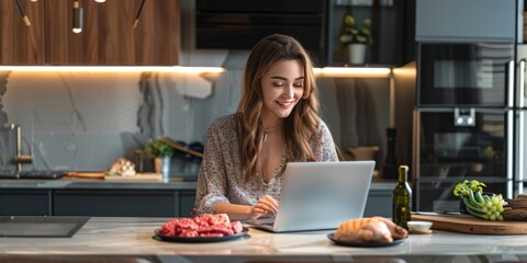 Carnivorous Coding: Focused And Efficient, A Young Woman Manages Her Tasks On Her Laptop, Supported By A Spread Of Various Meats, Symbolizing Her Commitment To A Meat-Rich Diet.