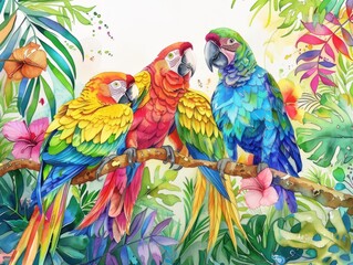 Exotic birds vivid watercolor coloring page, parrots