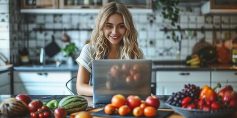 South Beach Sync: Radiating Energy, A Young Woman Sits With Her Laptop, Surrounded By Tropical Fruits, Embodying The South Beach Diet's Balance Of Flavor And Nutrition - obrazy, fototapety, plakaty