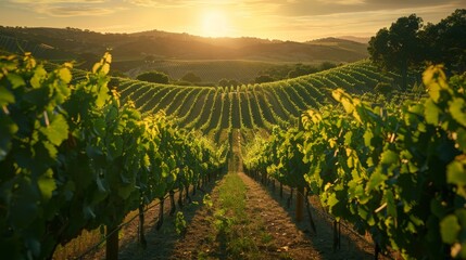 Naklejka premium A vineyard with rows of green vines and a sun setting in the background