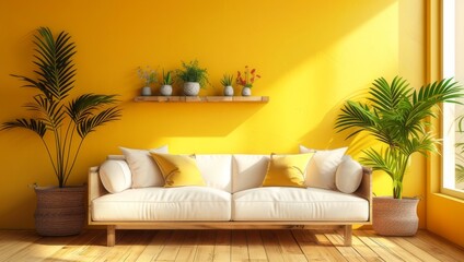 Fototapeta na wymiar A bright yellow wall with wooden furniture and decorative plants