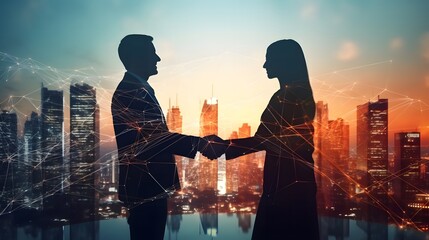 Double exposure image of business people handshake on city office building in background showing partnership success of business deal. Concept of corporate teamwork, trust partner and work