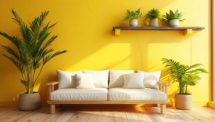 A bright yellow wall with wooden furniture and decorative plants