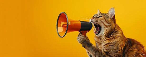 Humorous communication concept. A close-up of a cat with its mouth wide open, as if shouting into an orange megaphone, against a solid yellow background, symbolizing loud announcements - obrazy, fototapety, plakaty