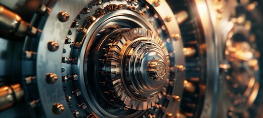 Financial security concept. A detailed close-up of a bank vault door with intricate locking mechanisms and golden tones, suggesting impenetrability and the secure protection of assets.