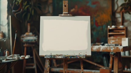 Empty artist canvas on wooden easel and paint brushes. - obrazy, fototapety, plakaty