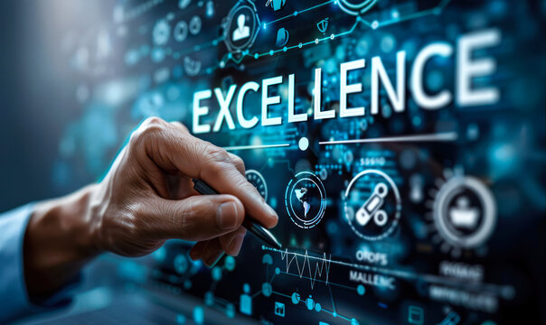 Business Professional Engages with Virtual Excellence Framework Indicating Superior Performance and Quality Metrics