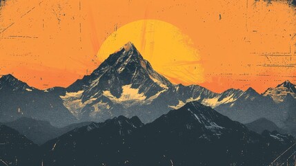 A mountain range with a sun in the sky. The sun is orange and the mountains are covered in snow