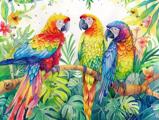 Exotic birds vivid watercolor coloring page, parrots