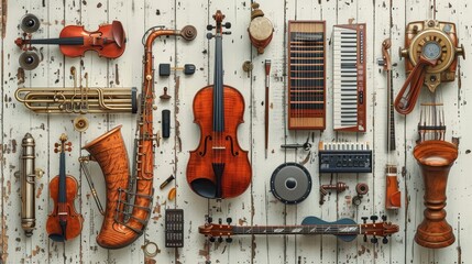 A collection of musical instruments, including a cello, a violin, and a keyboard, are displayed on a wooden surface. The instruments are arranged in a way that suggests a sense of harmony