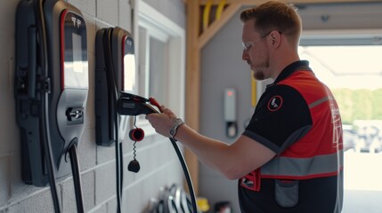 An electrician in work attire is busy setting up an electric vehicle charging station in a residential garage, contributing to sustainable living. AIG41