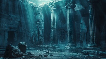 A dark, gloomy, and mysterious underwater scene with a few pillars and a rock. Scene is eerie and unsettling - obrazy, fototapety, plakaty