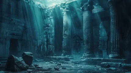 Fotobehang A dark, gloomy, and mysterious underwater scene with a few pillars and a rock. Scene is eerie and unsettling © Sodapeaw