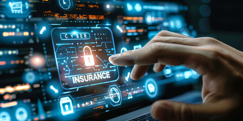 Fototapeta premium Professional In Blue Exploring Cyber Insurance Digital Interface for Protecting Against Online Risks and Security Breaches