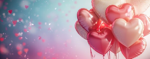 Fototapeta premium Valentine's day hearts ballons fly in colorful background. copy space for text