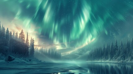 Obraz premium A beautiful, serene landscape with a bright blue aurora in the sky. The sky is filled with stars and the water is calm. The trees are bare and the sky is clear. Scene is peaceful and calming