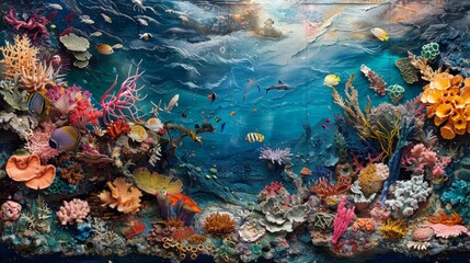 A painting of a colorful underwater scene with a variety of fish and coral. The mood of the painting is vibrant and lively, with the bright colors of the fish and coral creating a sense of energy