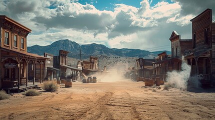 A dusty, empty street in a small town with a few buildings. The sky is cloudy and the sun is low in the sky