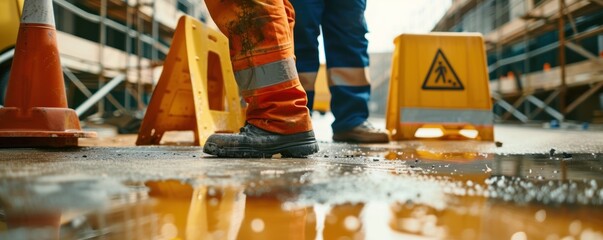 Worker fall on a wet floor at a construction site. Accident work concept