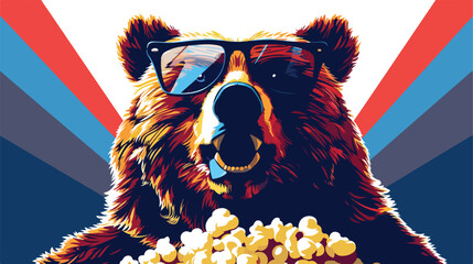 Roaring bear wearing eyeglass with pop corn vector - obrazy, fototapety, plakaty