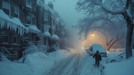 A snowy street with a person walking down it. The street is empty and the snow is piled up on the sidewalk