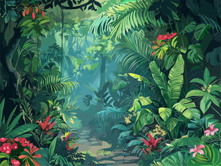 Fototapeta na wymiar background, A lush jungle with exotic plants and wildlife, in the style of animated illustrations, background, text-based