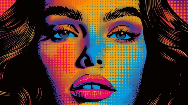 A woman's face is painted in bright colors and has a bold, confident expression. The image is a pop art style, with a focus on the woman's features