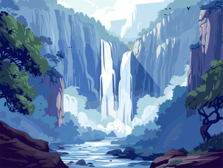 background, A majestic waterfall thundering down into a deep canyon, in the style of animated illustrations, background, text-based