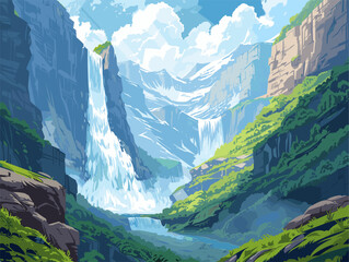 background, A majestic waterfall thundering down into a deep canyon, in the style of animated illustrations, background, text-based