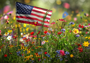 American flag in summer sunshine with wildflowers