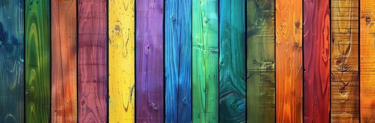 Colorful wooden planks background in the style of a rainbow color for lgbt pride celebration. Wooden wall texture with colorful wood slats. Rainbow flag banner design. - obrazy, fototapety, plakaty