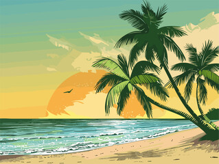 Fototapeta na wymiar background, A sandy beach with palm trees swaying in the breeze, in the style of animated illustrations, background, text-based