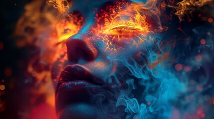 A woman's face is painted with fire and smoke, giving it a surreal and otherworldly appearance