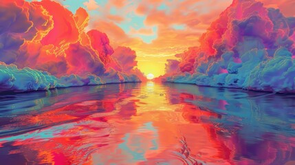 A colorful sky with a sun in the background and a river in the foreground. The sky is filled with clouds of different colors, and the sun is setting - obrazy, fototapety, plakaty