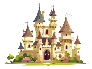 white background, A hilltop castle with sweeping views, in the style of animated illustrations, background, text-based