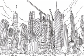 Coloring Pages of under construction of skyscrapers building in the city