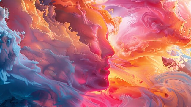 A colorful, abstract painting of two faces with a pink and orange background. The painting is full of energy and movement, with the faces appearing to be blowing smoke