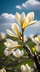 White magnolia flowers bloom against a blue sky in a beautiful spring garden