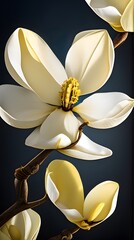 White magnolia flowers bloom against a blue sky in a beautiful spring garden
