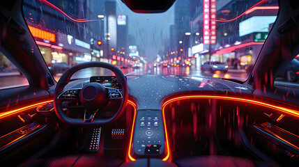 A view from inside the Car Interior, Future of Urban Transportation, Journey in Cityscape with Hi-Tech Vehicle, Automation and Futuristic Driving. City Street, Automated Lifestyle of Tomorrow. - obrazy, fototapety, plakaty