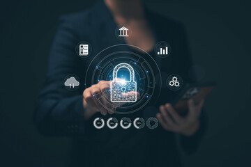 Cyber ​​security protection concept, personal data protection and financial transaction protection. Security lock technology protects personal information on smartphones.