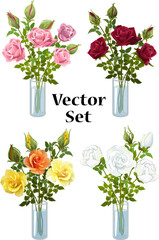 Illustration with bouquets of roses.Vector illustration with a collection of multi-colored bouquets of roses in vases on a transparent background.