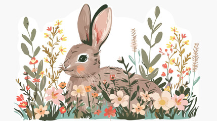 Greeting card Bunny with flowers flat vector isolated