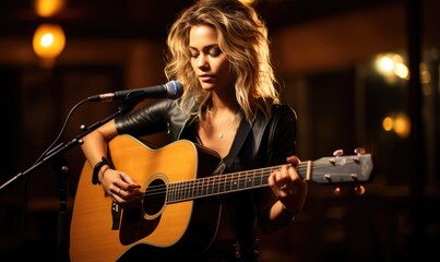 Young woman musician plays the guitar and sings into the microphone.