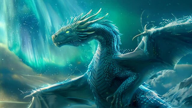 A colossal dragon soars over the frozen landscape. The dragon's scales glisten an icy blue, its wings powerfully outstretched. 