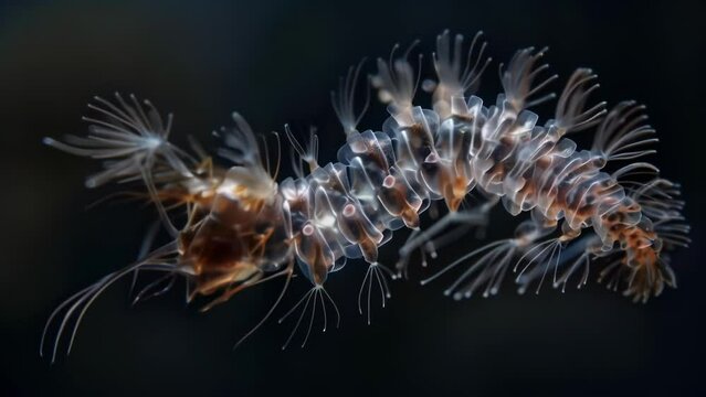 An intricate image of a water flea larva its body adorned with delicate featherlike appendages that allow it to gracefully navigate . AI generation.