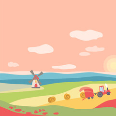 Obraz na płótnie Canvas Summer square poster with fields and harvesting. Windmill, tractor with hay. Setting sun on a pink sky with clouds. Template for poster, web page, text or banner. Vector illustration