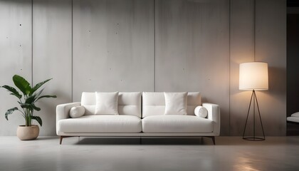White sofa against concrete paneling wall. Minimalist, loft urban home interior design of modern living room.